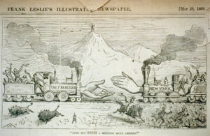 Print shows an allegory of linking of Trans-Continental railroad at Promontory Summit, Utah; Indians and buffalo fleeing in the foreground as two trains with large hands extending from the locomotives, labeled "San Francisco" and "New York", approach each other to connect the transcontinental railroad.